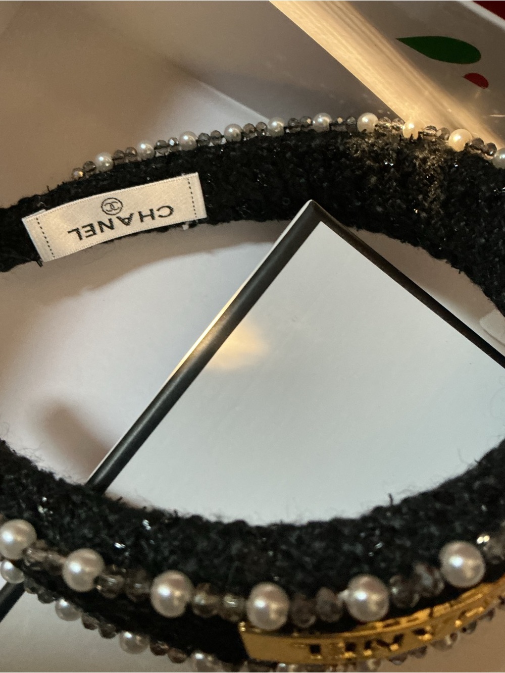 Authentic CHANEL  Black and Gold Pearl-Trim Headband - Picture 9 of 15